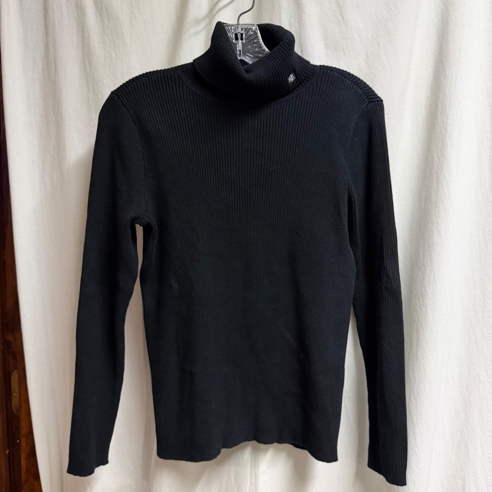 Lauren Ralph Lauren Womens Ribbed Turtleneck Sweater Black RLL Logo Knit Top